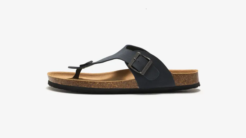 Unisex Black Cork Footbed Sandals Fashion Flat Flip Flops Buckle_voghion.com