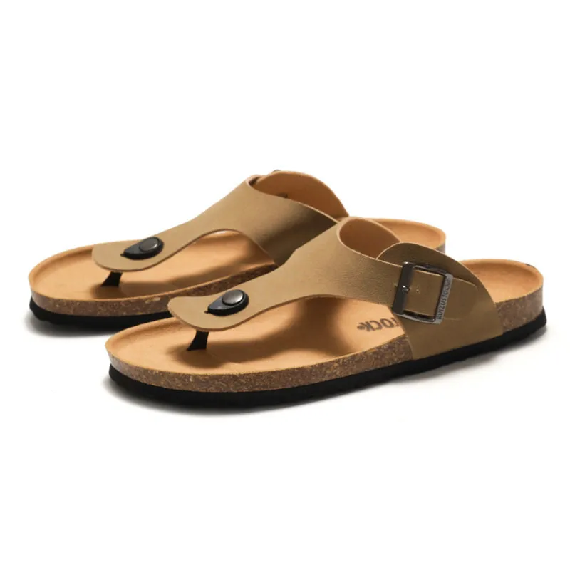 RUIZUSTOCK Unisex Fashion Black Thong Sandals PU Leather Cork Footbed Flat Flip Flops With Adjustable Buckle_voghion.com