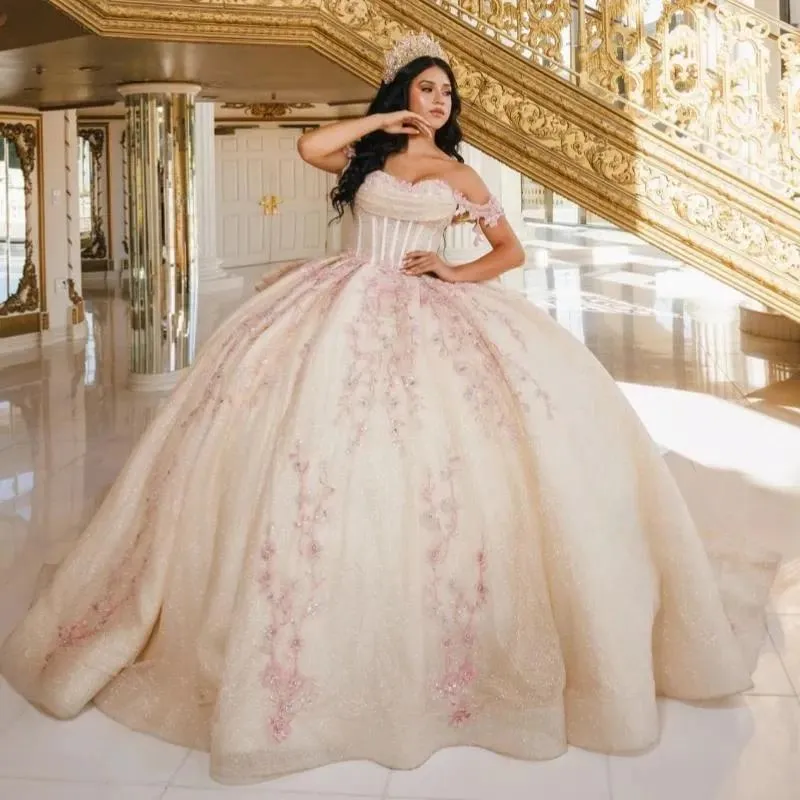 champagne pink quince dress Glow-in-the-Dark Princesa Quinceaera PR12261 Emerald / 00 Lace Up Hand Made Rose Gold Quince Dresses Champagne