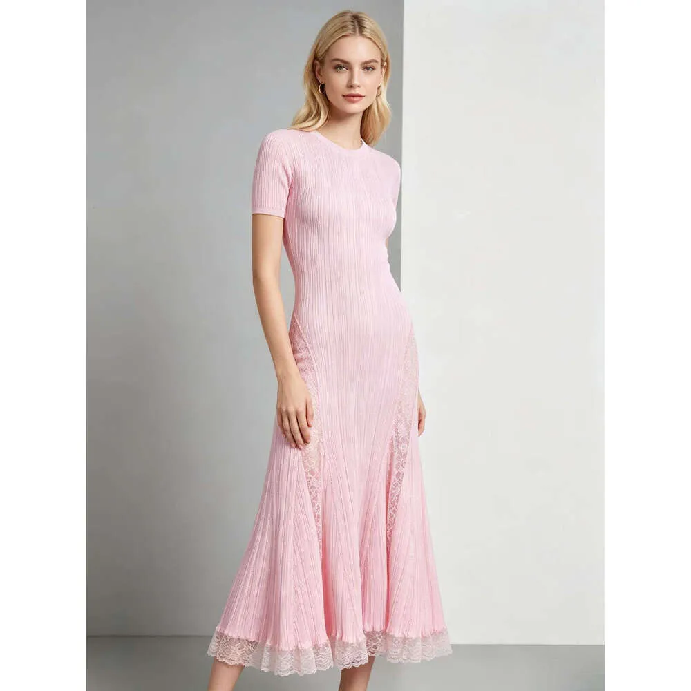 summer knitted in hem dress Knit Midi for Women, Pink Ribbed Fabric with Lace Side Panels and Trim, Short Sleeve, Plus Size, Loose Fit summer knitting dress