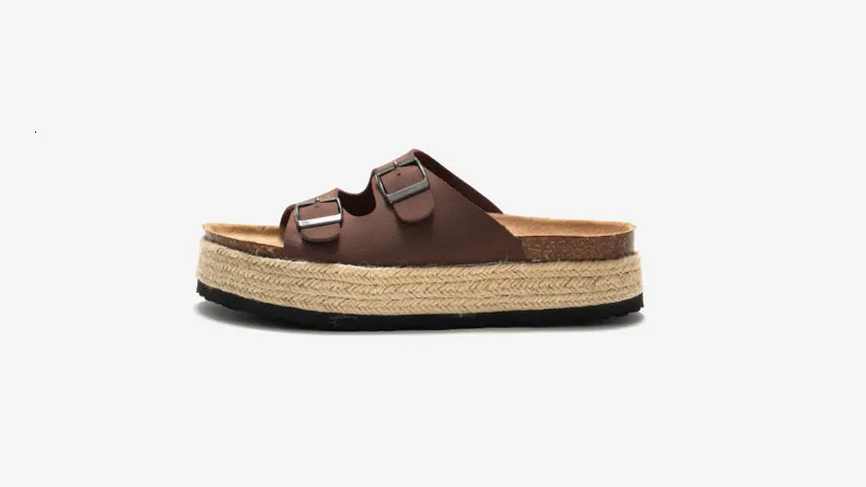 Women's Khaki Platform Slide Sandals Suede Double Buckle Flat Shoes_voghion.com