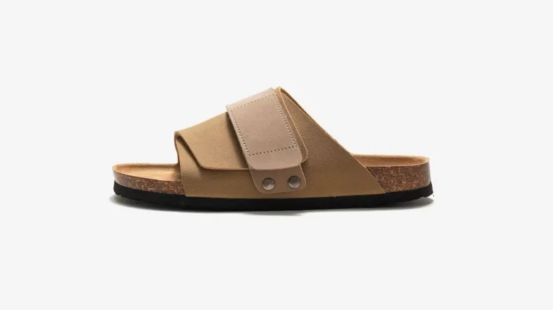 Unisex Khaki Beige Two Tone Adjustable Cork Sandals Flat Shoes_voghion.com
