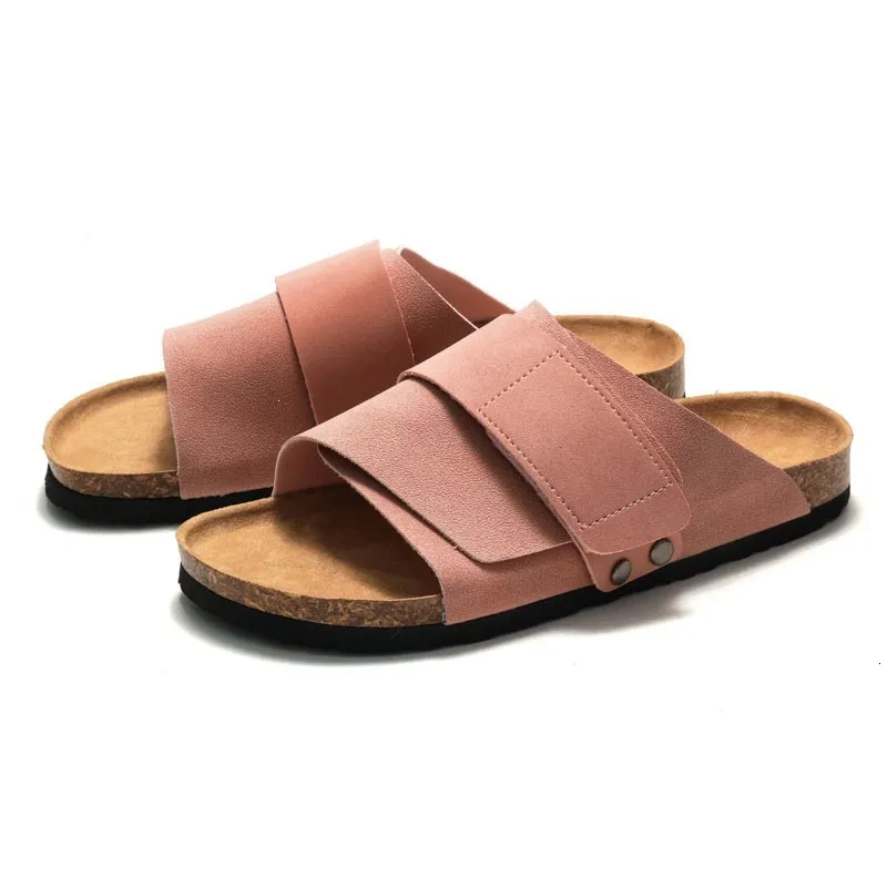 RUIZUSTOCK Unisex Trendy Khaki Beige Two Tone Adjustable Slide Sandals PU Leather Cork Footbed Casual Flat Shoes_voghion.com