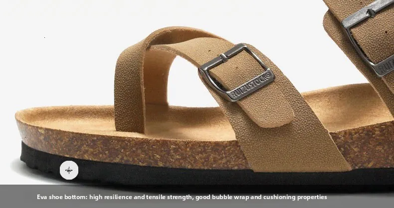 Unisex Khaki Toe Loop Sandals Flat Cork Footbed Adjustable Buckle_voghion.com