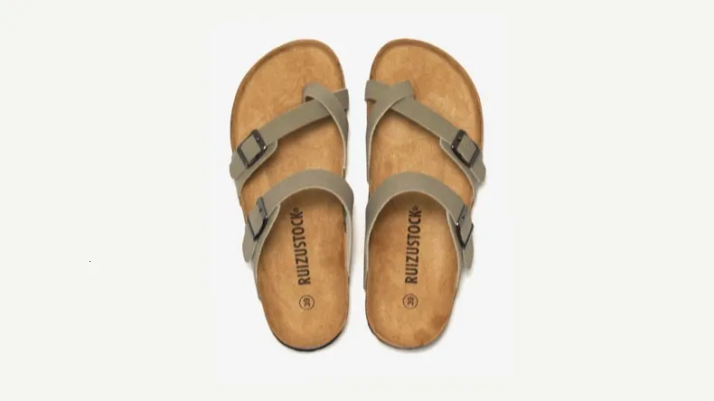 Unisex Khaki Toe Loop Sandals Flat Cork Footbed Adjustable Buckle_voghion.com