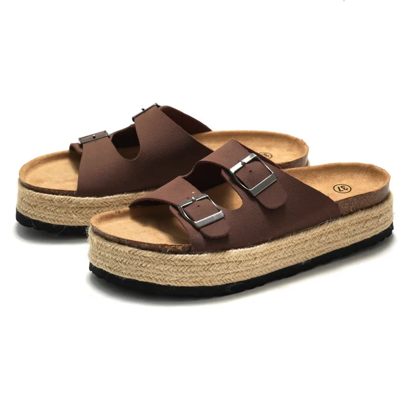 RUIZUSTOCK Women Fashion Khaki Platform Slide Sandals Suede Double Buckle Espadrille Flat Shoes_voghion.com