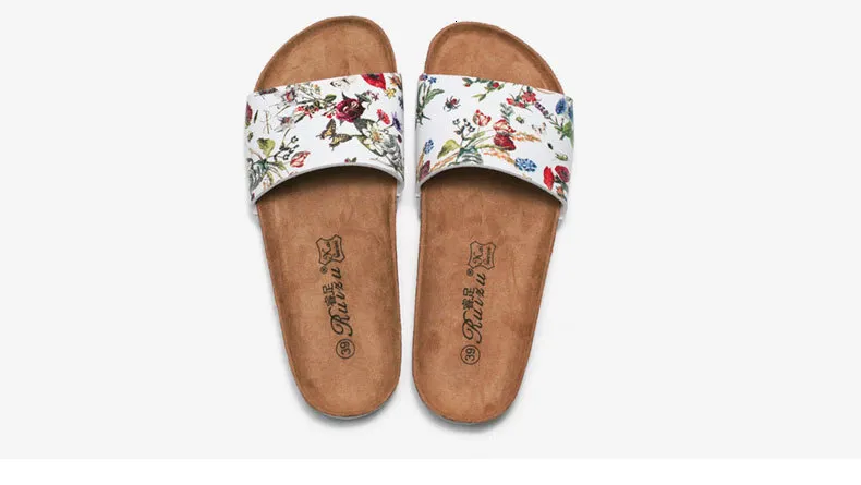 Women's Floral Print Single Strap Flat Sandals Pu Leather Summer_voghion.com