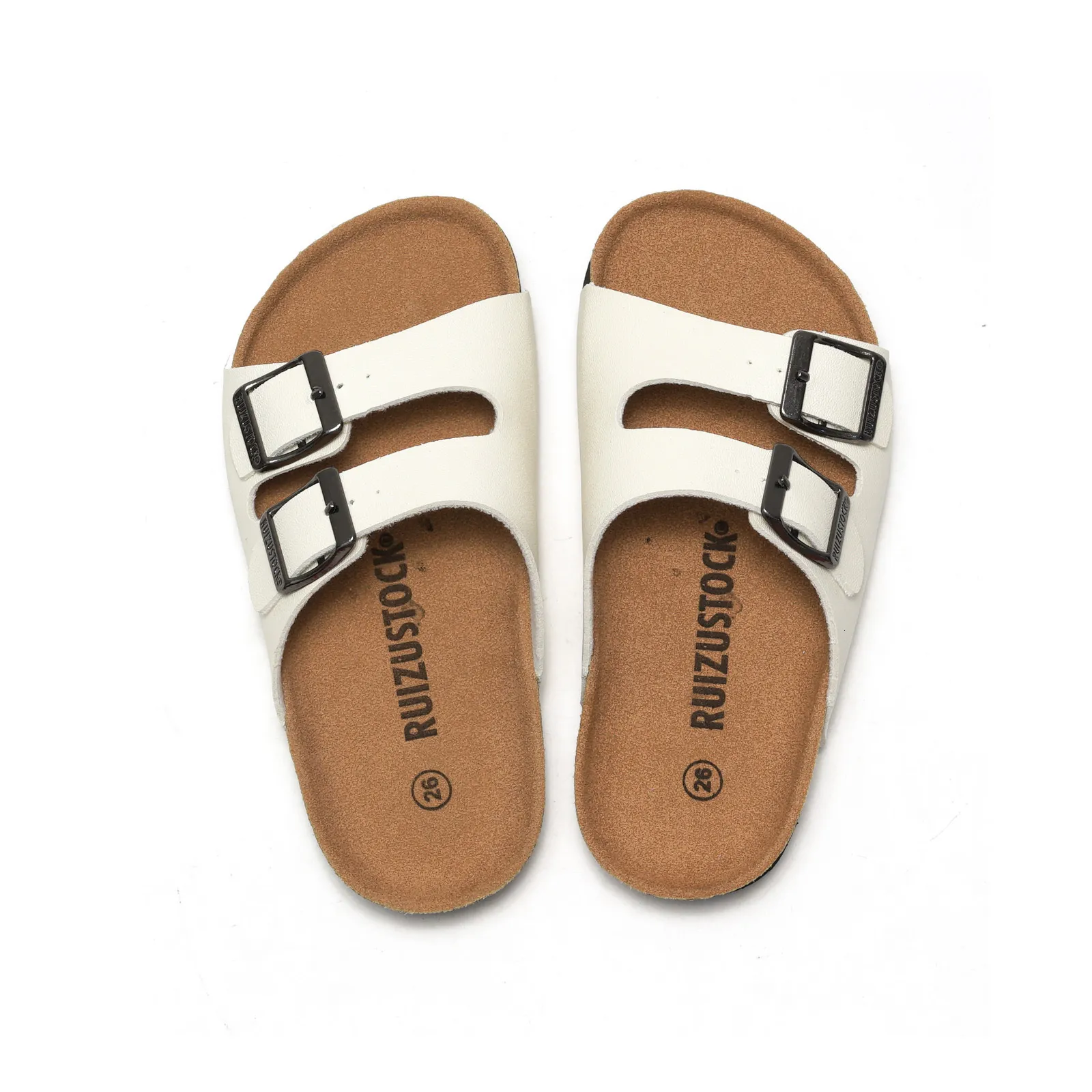Sandales unisexes classiques blanches à double boucle en liège et cuir PU RUIZUSTOCK pour l'intérieur et l'extérieur_voghion.com
