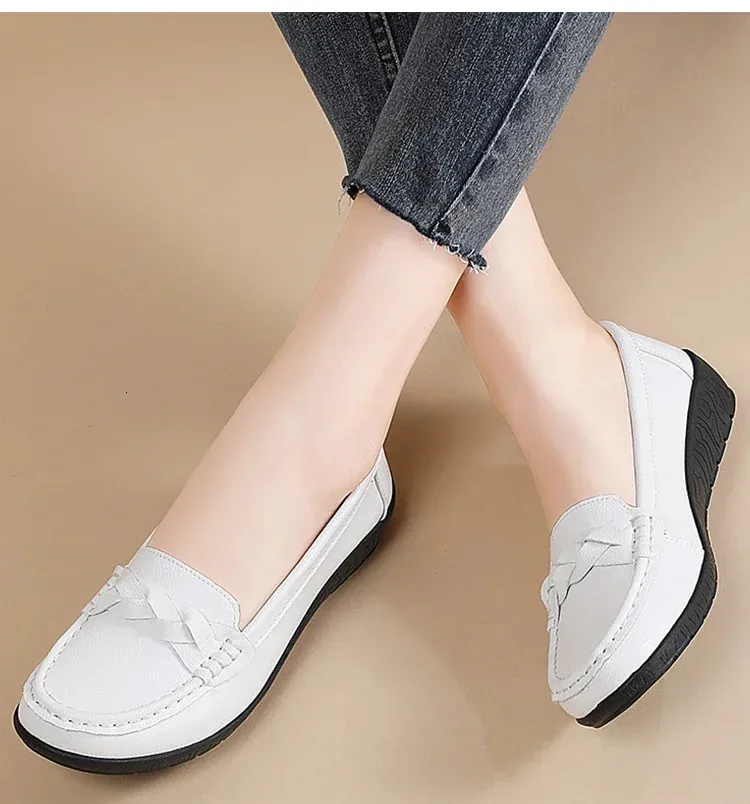 Mocasines comodos de mujer en piel zapatos planos blancos_voghion.com