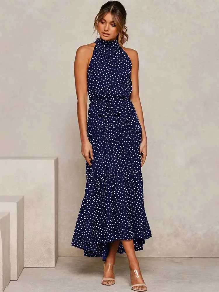 halter neck fashion high spring dress 2025 for Women Round Neck Sleeveless Pullover Print Polka Dot Lace-up Casual VacationT260522 msku::3010103-1224