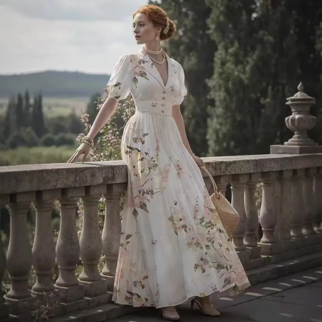 Womens Floor-Length Chiffon Dress Short Sleeve Pullover French Retro Floral  Corset Style Spring from Dhgate Basic & Casual Dresses - price 63.95