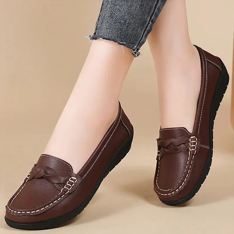 Mocasines planos sin cordones de cuero para mujer, zapatos planos cómodos para mujer, color blanco, zapatos Mujer, calzado para mujer 260521_voghion.com