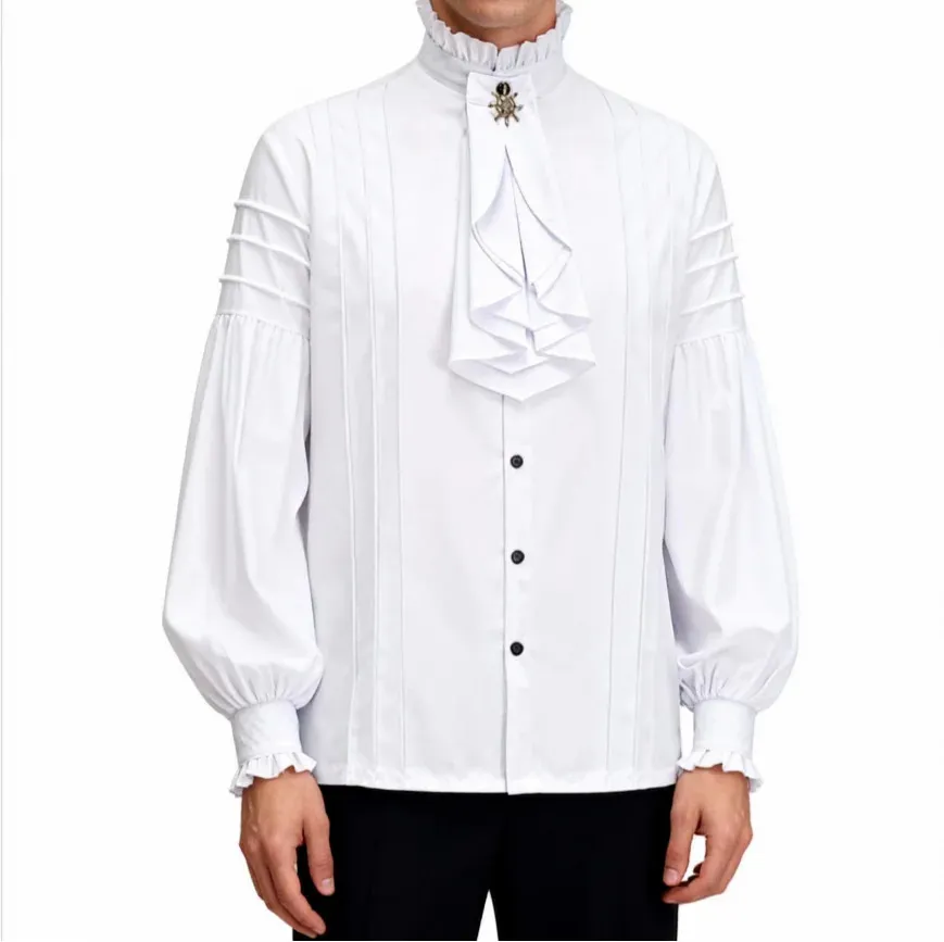 gothic white dress shirt men Chapel Ruffle with Detachable Tie which will help you choose the right size to buy Vintage Gothic White Cotton Pirate