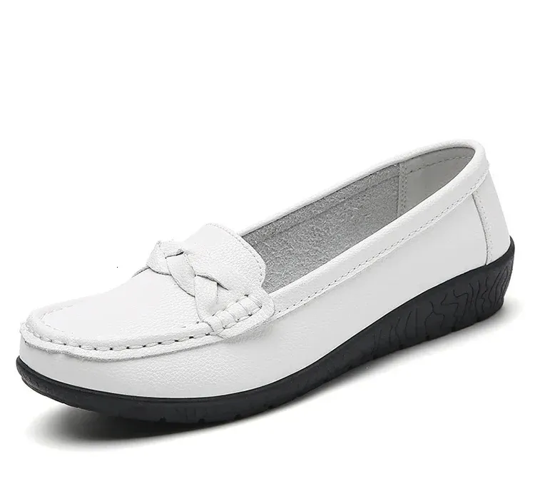 Mocasines comodos de mujer en piel zapatos planos blancos_voghion.com