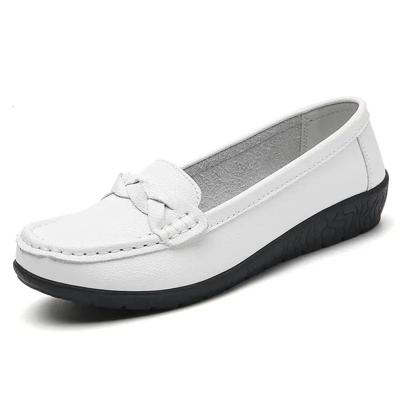 Mocasines planos sin cordones de cuero para mujer, zapatos planos cómodos para mujer, color blanco, zapatos Mujer, calzado para mujer 260521_voghion.com