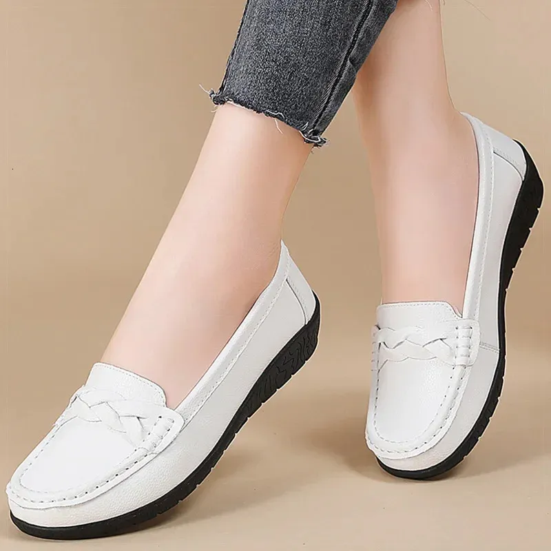 Mocasines planos sin cordones de cuero para mujer, zapatos planos cómodos para mujer, color blanco, zapatos Mujer, calzado para mujer 260521_voghion.com