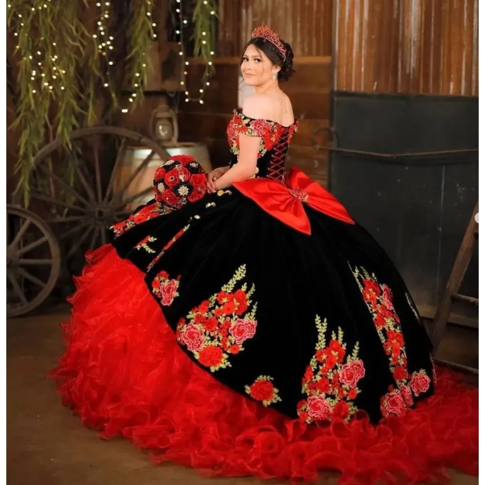 mexican style formal dresses Black Velvet Quinceanera Dress, Red... From Kyuremweding, Rs.17,102.62 size-norm:xl