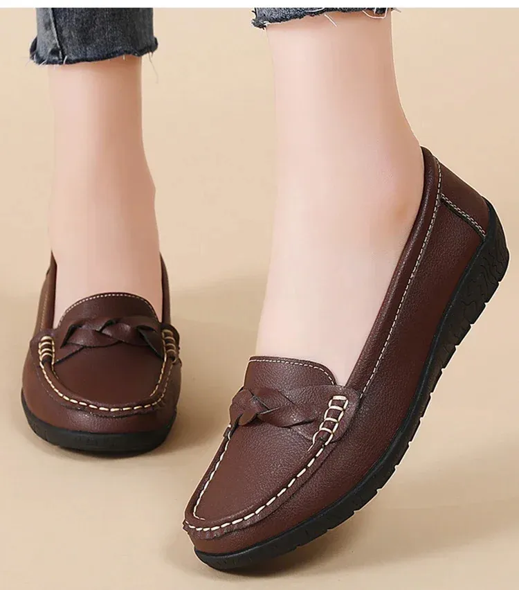 Mocasines comodos de mujer en piel zapatos planos blancos_voghion.com