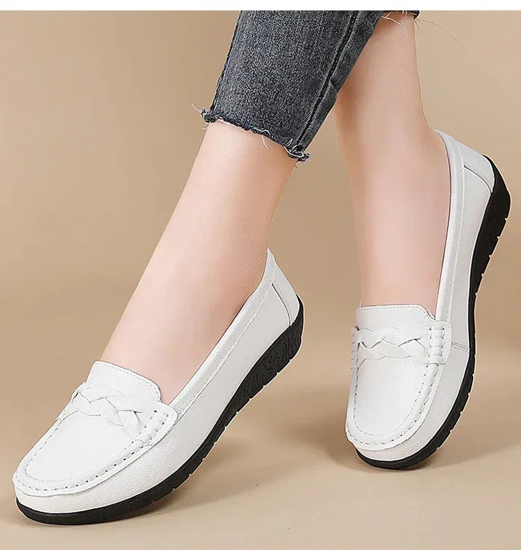 Mocasines comodos de mujer en piel zapatos planos blancos_voghion.com