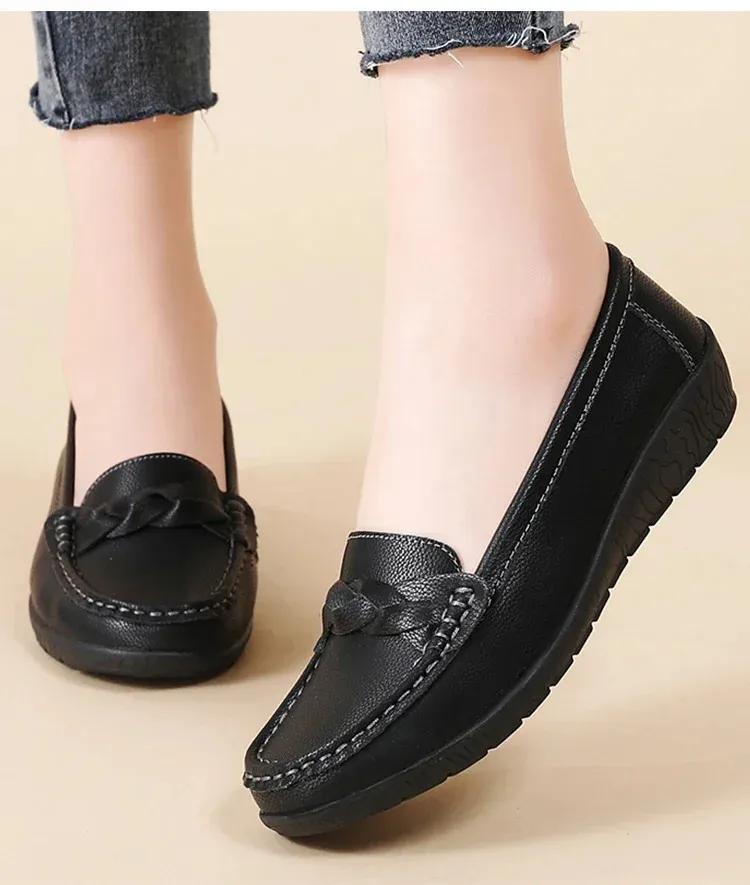 Mocasines comodos de mujer en piel zapatos planos blancos_voghion.com