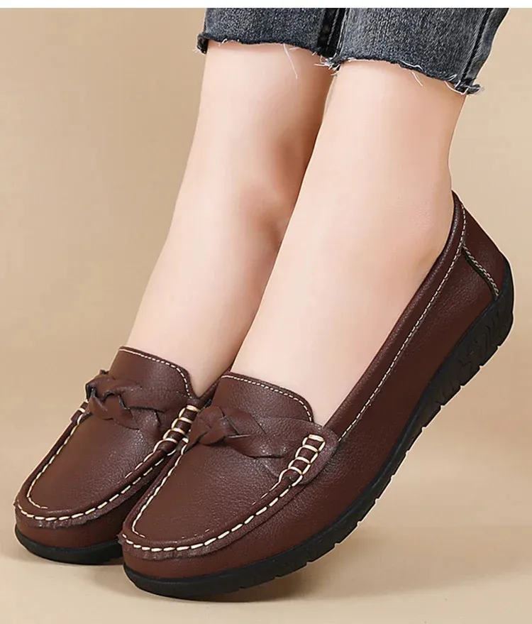 Mocasines comodos de mujer en piel zapatos planos blancos_voghion.com