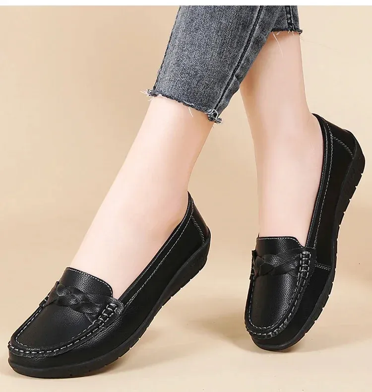 Mocasines comodos de mujer en piel zapatos planos blancos_voghion.com