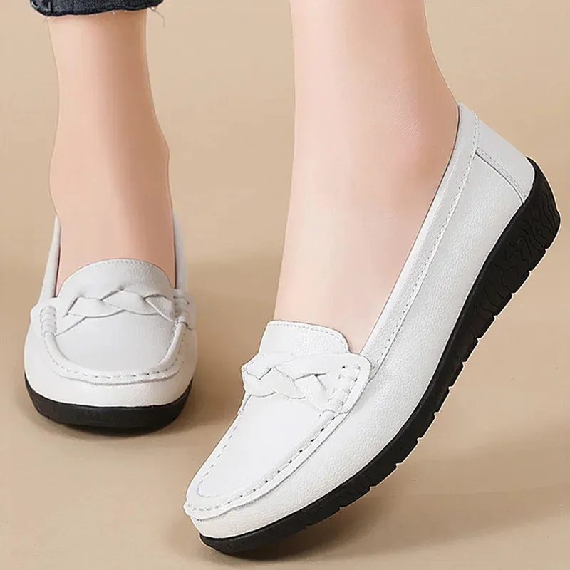 Mocasines planos sin cordones de cuero para mujer, zapatos planos cómodos para mujer, color blanco, zapatos Mujer, calzado para mujer 260521_voghion.com