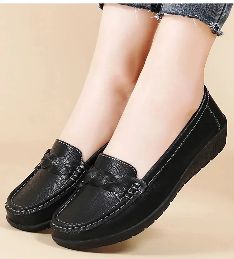 Mocasines comodos de mujer en piel zapatos planos blancos_voghion.com