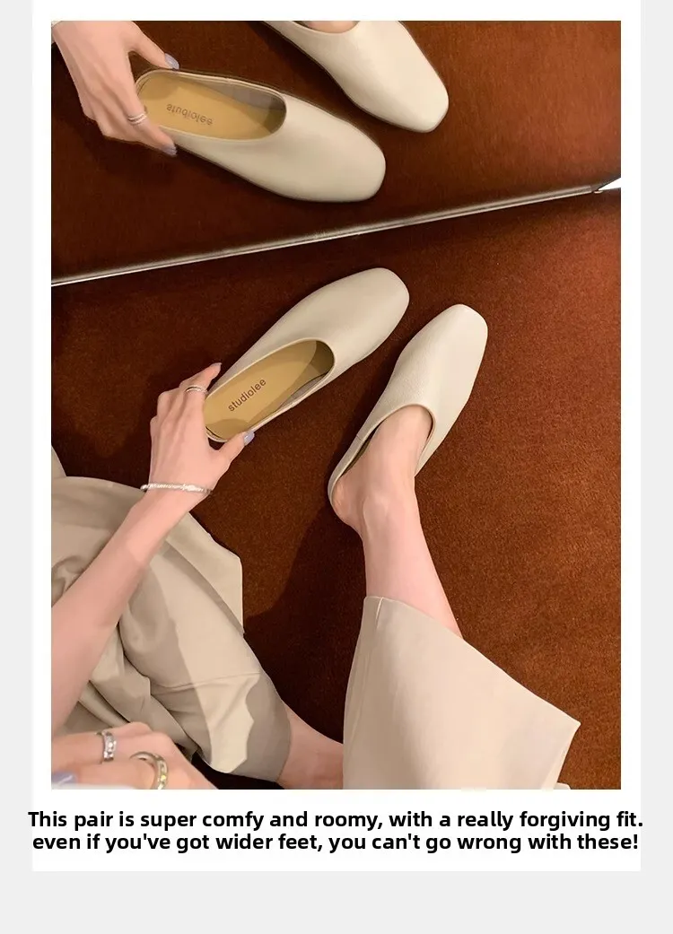 Women's White Leather Mules Square Toe Backless Flat Sandals_voghion.com