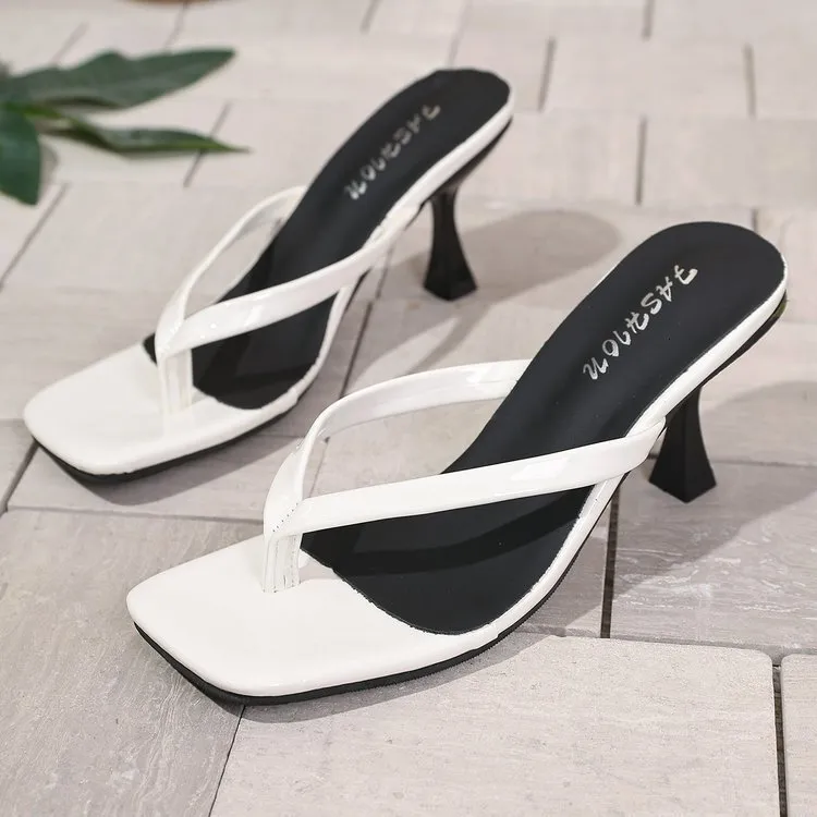 Womens Patent Leather Thong Heeled Mules Square Toe Kitten Heel Slide Sandals_voghion.com