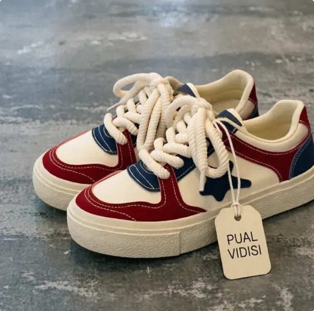 Womens Red Blue Star Patch Sneakers Thick Rope Laces Low Top Casual Shoes_voghion.com