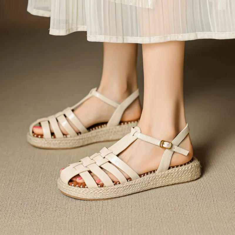 Womens Beige Fisherman Sandals Espadrille Platform Ankle Strap Closed Toe_voghion.com
