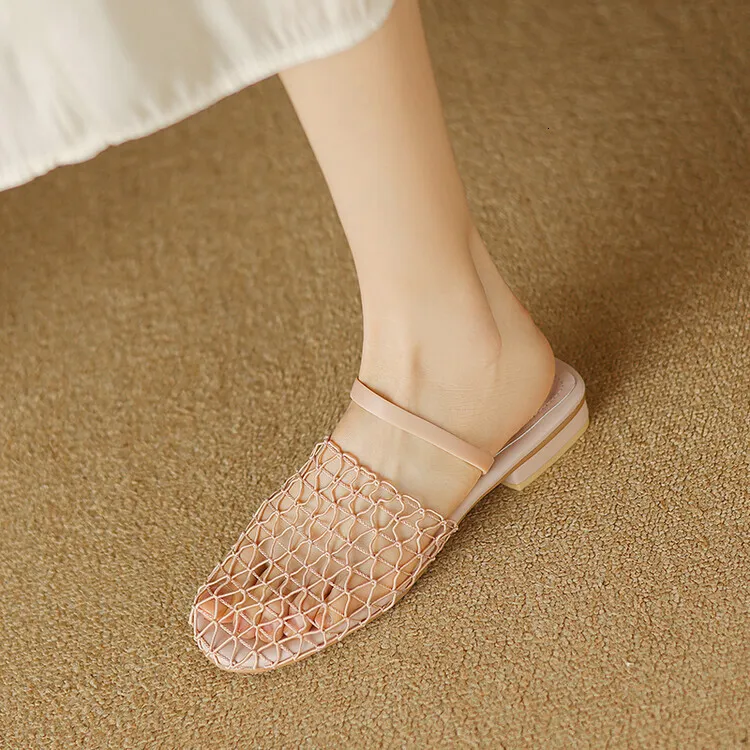 Womens Mesh Slingback Sandals Square Toe Ankle Strap Low Block Heel Summer Mules_voghion.com