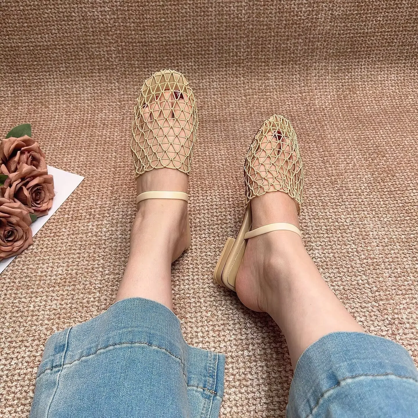 Womens Mesh Slingback Sandals Square Toe Ankle Strap Low Block Heel Summer Mules_voghion.com