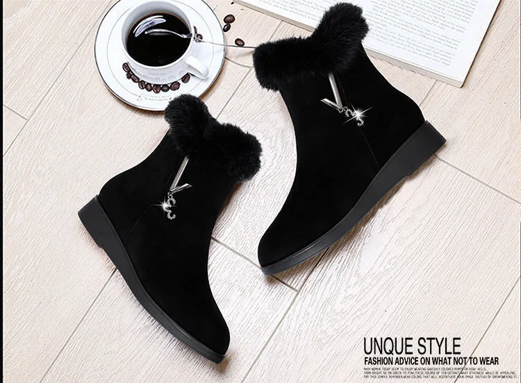 Bottes d'hiver pour femme fourrées et strassées en daim plat_voghion.com