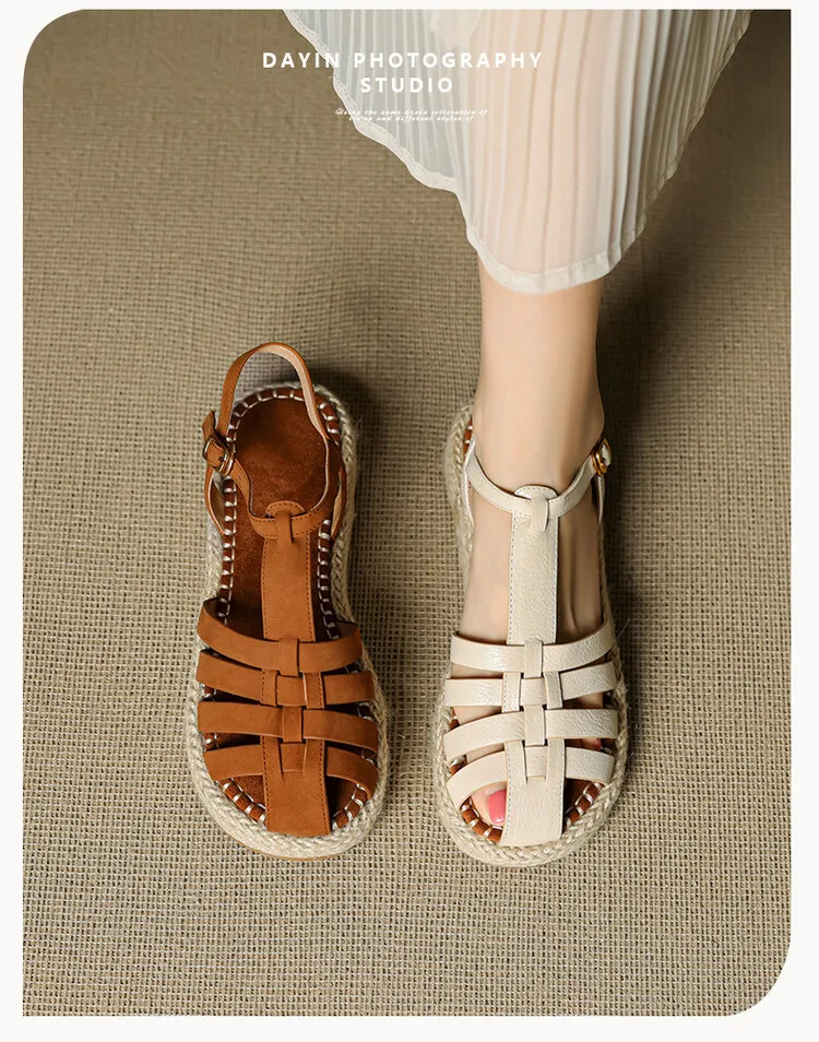 Womens Beige Fisherman Sandals Platform Espadrille Ankle Strap_voghion.com