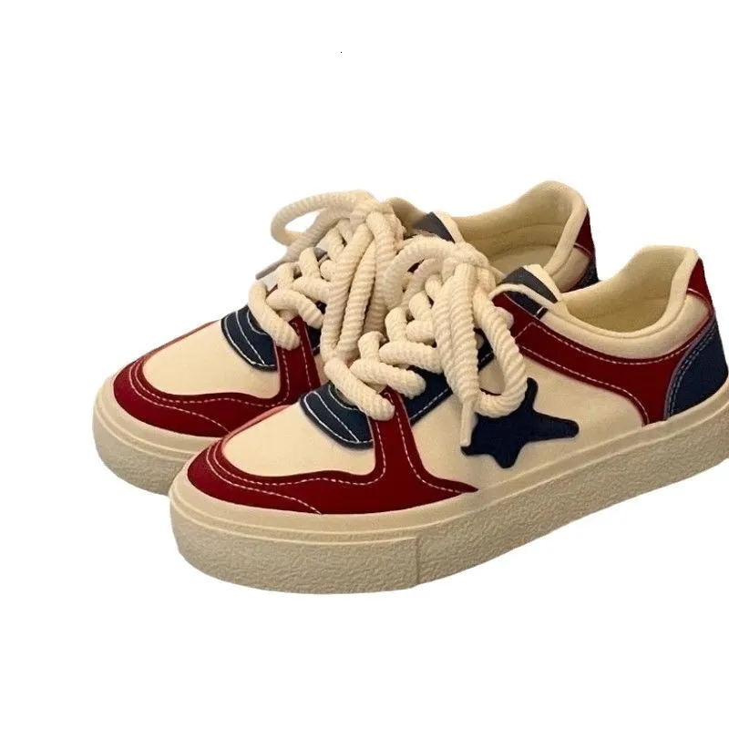Womens Red Blue Star Patch Sneakers Thick Rope Laces Low Top Casual Shoes_voghion.com