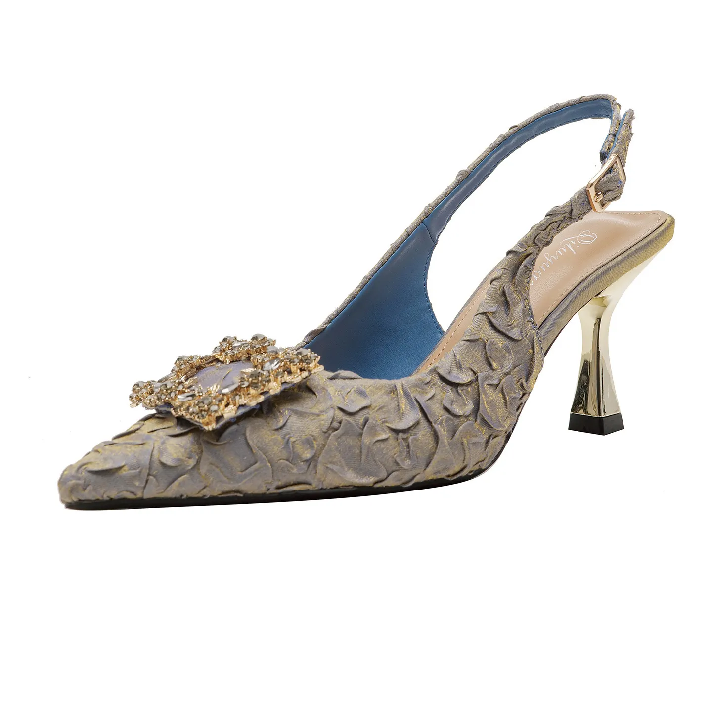 Women's Crystal Buckle Slingback Heels Embossed Pointed Toe Pumps Mid Heel Party Wedding Shoes For Ladies_voghion.com