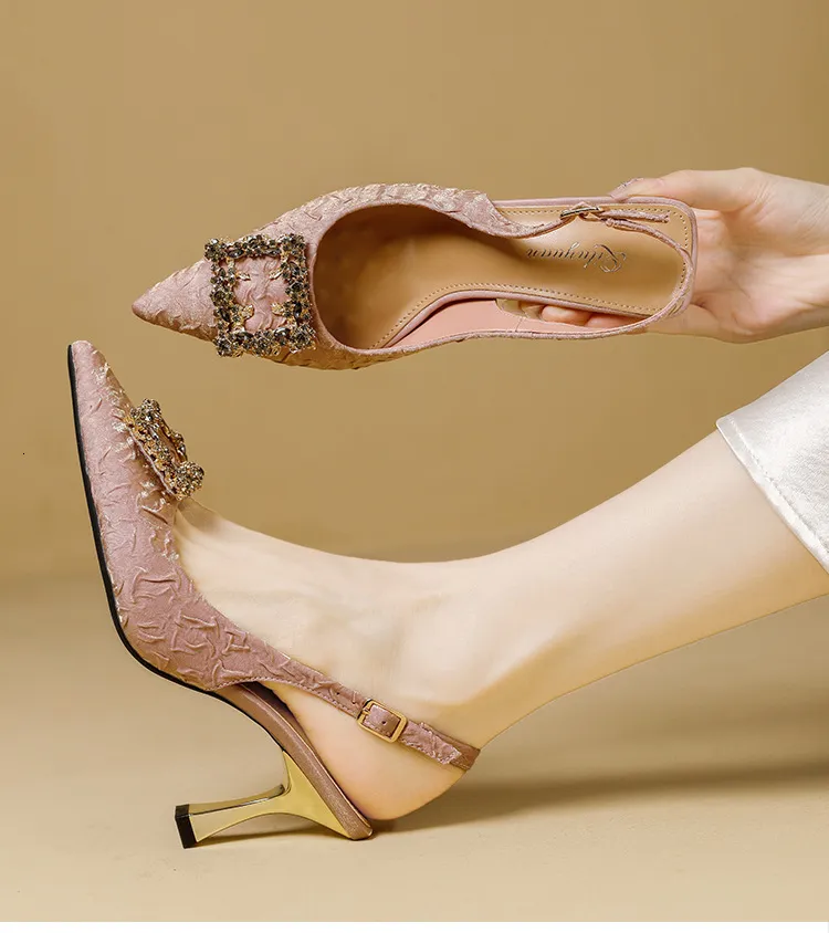 Women's Pointed Toe Crystal Buckle Slingback Heels Wedding Shoes_voghion.com