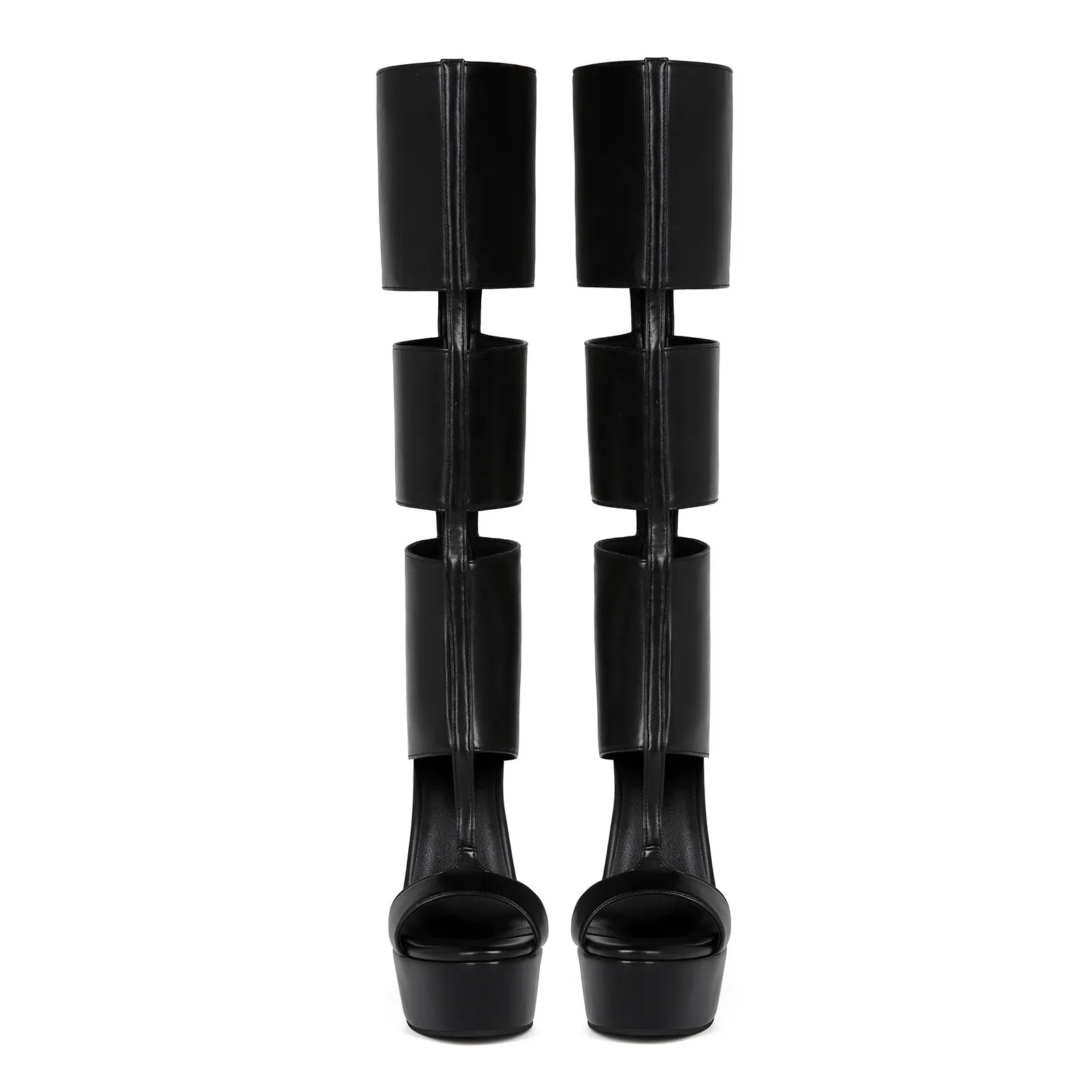 Womens Black Cutout Platform Knee Sandals Peep Toe Stiletto High Heel Boots_vogvips.com