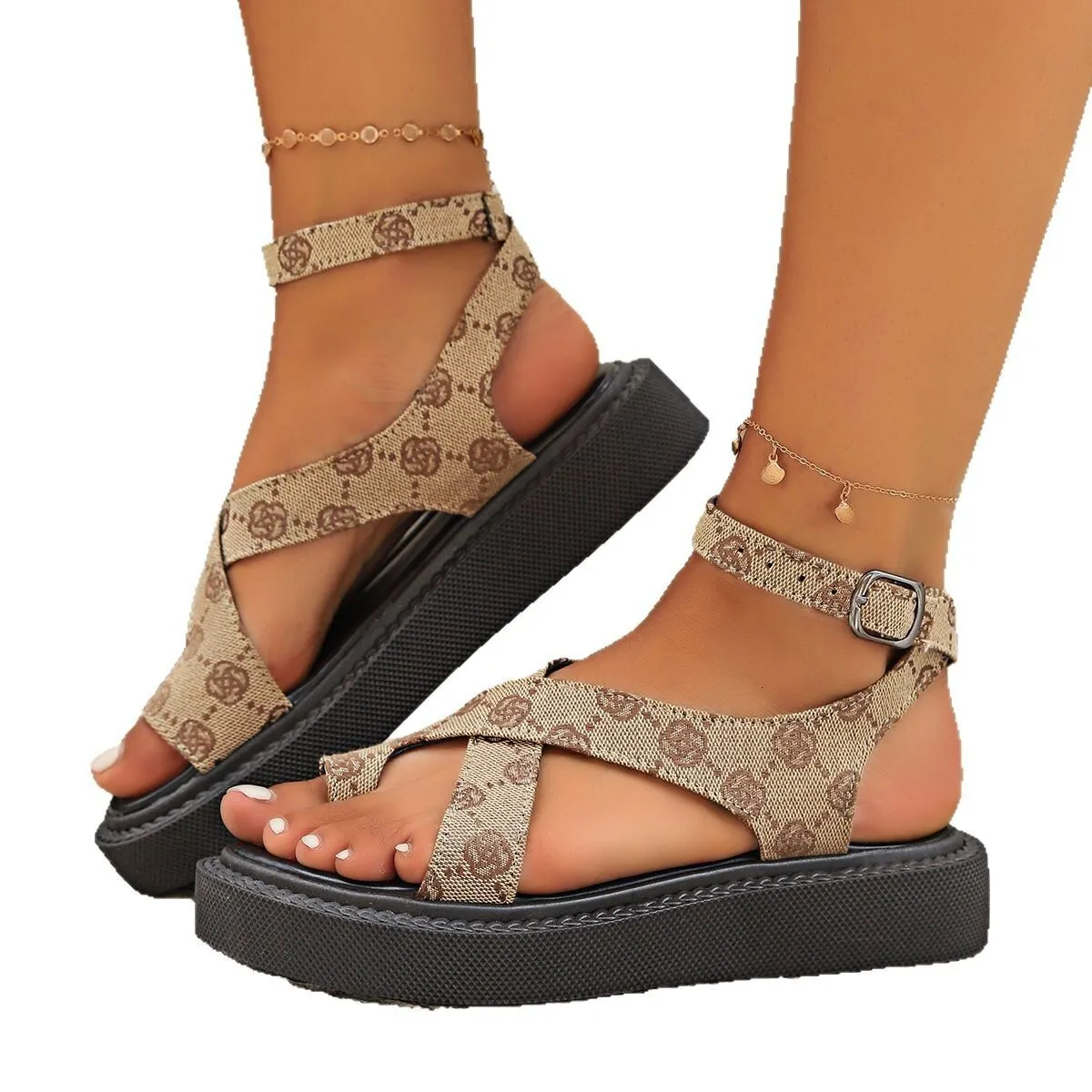 Womens Leopard Print Platform Sandals Ankle Buckle Strap Crisscross Open Toe Summer Shoes_voghion.com