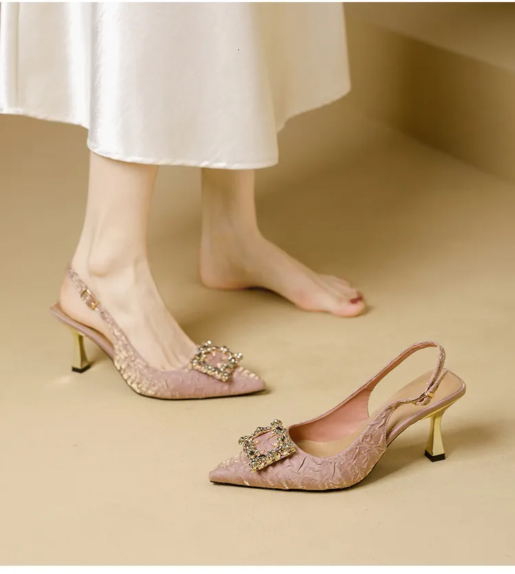 Women's Pointed Toe Crystal Buckle Slingback Heels Wedding Shoes_voghion.com