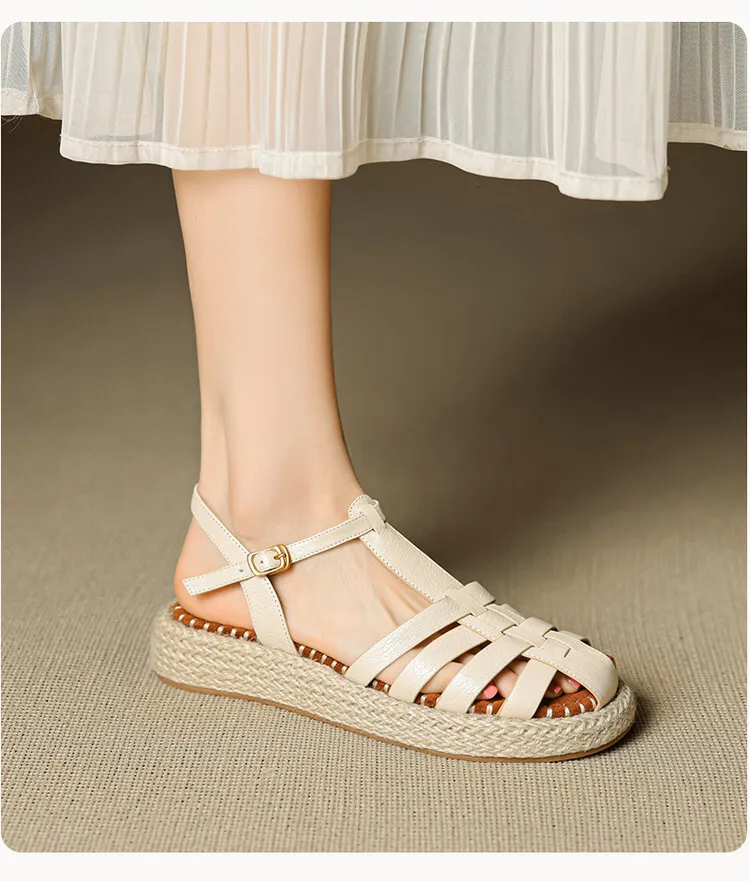 Womens Beige Fisherman Sandals Platform Espadrille Ankle Strap_voghion.com