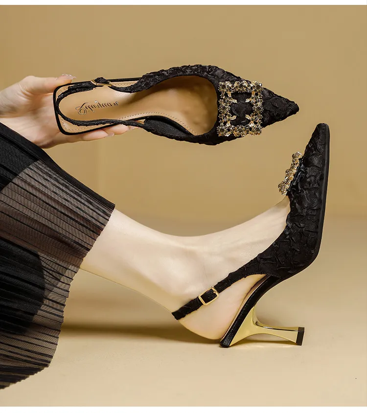 Women's Pointed Toe Crystal Buckle Slingback Heels Wedding Shoes_voghion.com