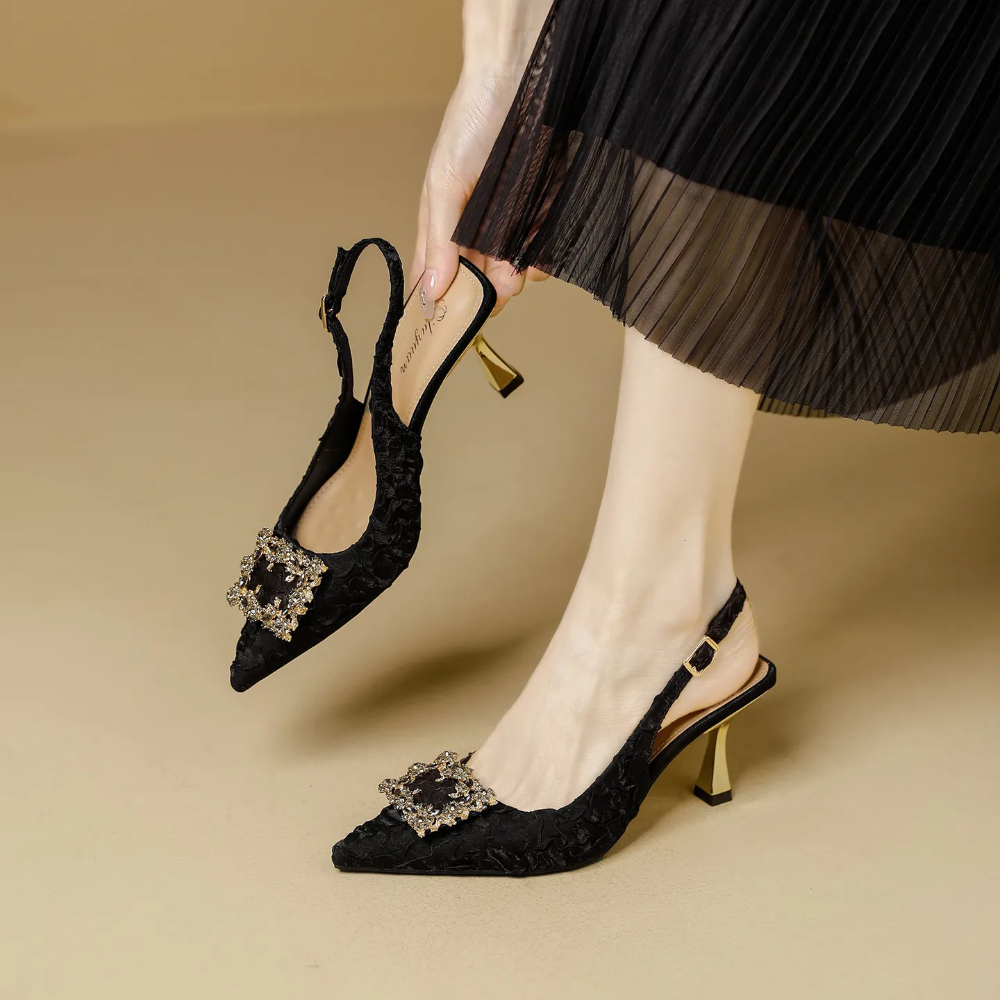 Women's Crystal Buckle Slingback Heels Embossed Pointed Toe Pumps Mid Heel Party Wedding Shoes For Ladies_voghion.com