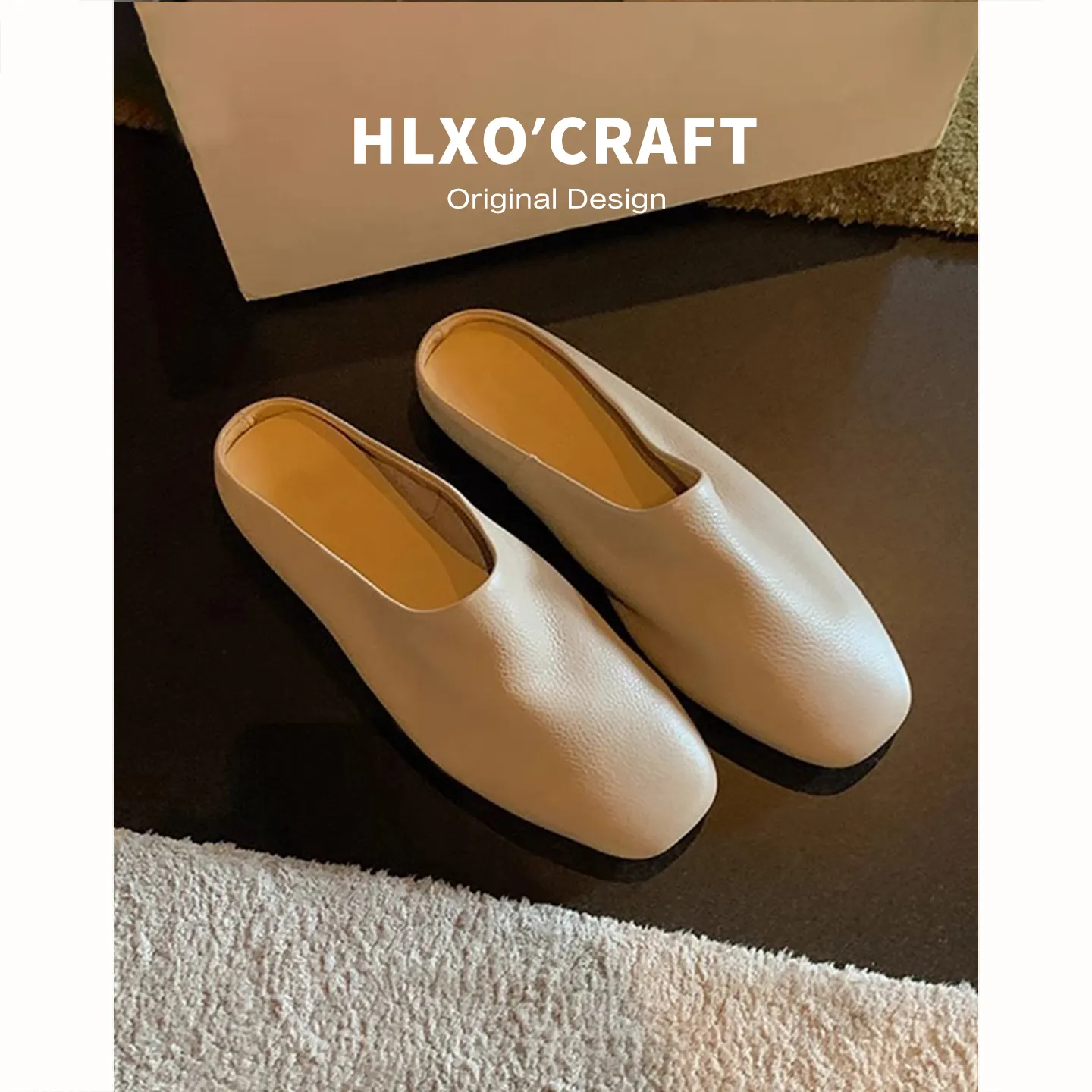 Womens White Leather Mules Square Toe Backless Slip On Casual Flat Slippers_voghion.com