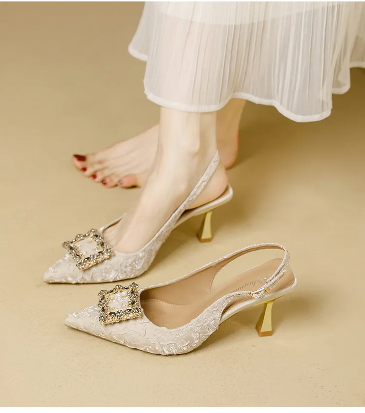 Women's Pointed Toe Crystal Buckle Slingback Heels Wedding Shoes_voghion.com