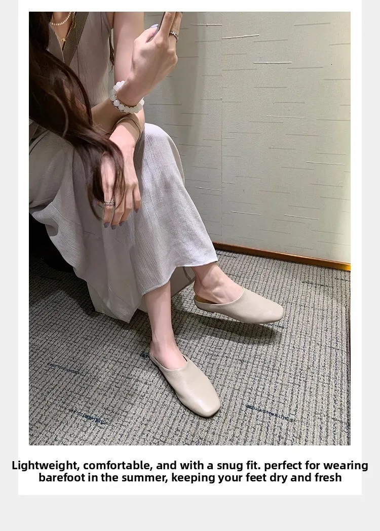 Women's White Leather Mules Square Toe Backless Flat Sandals_voghion.com
