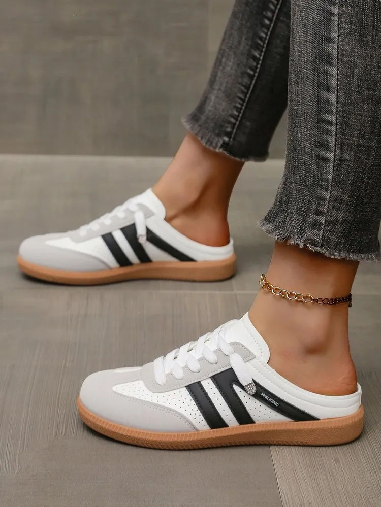 Women's Export Flat Bottomed Mules Spring And Autumn New Style Casual Back Strap Sneakers Lightweight Large Size White_vogvips.com