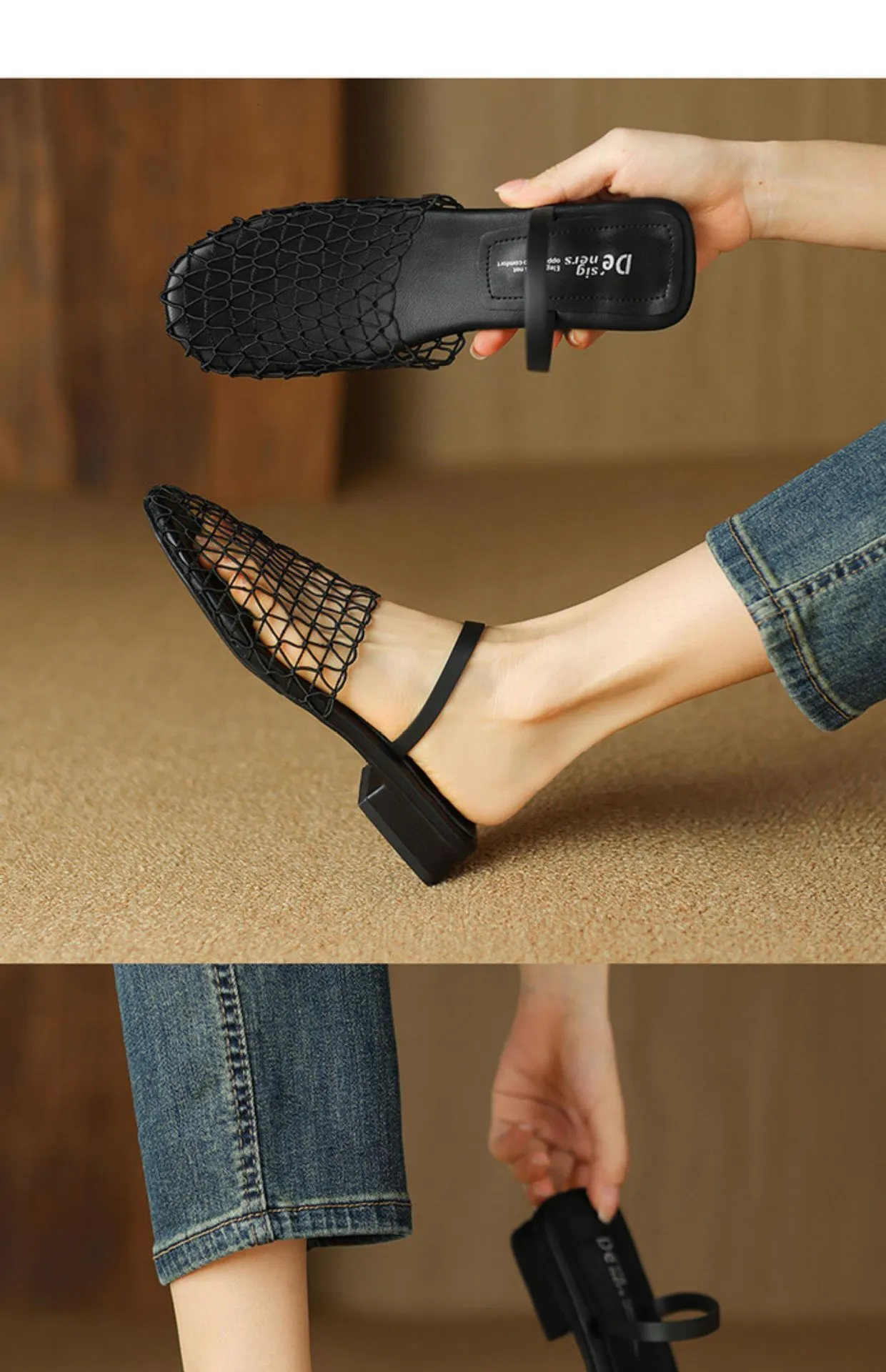 Womens Mesh Slingback Sandals Square Toe Ankle Strap Block Heels_voghion.com